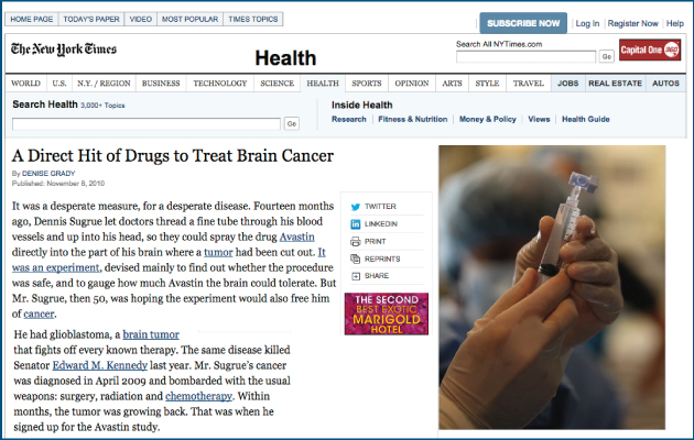 New York Times: A Direct Hit of Drugs to Treat Brain Cancer
